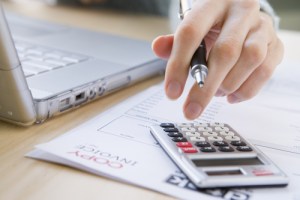 A hand with a pen using a calculator