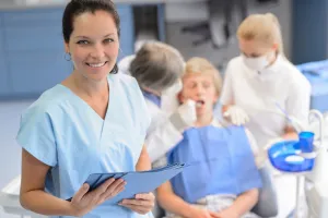 smiling woman at dental office