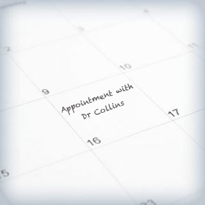 calendar with appointment with dr Collins written on it